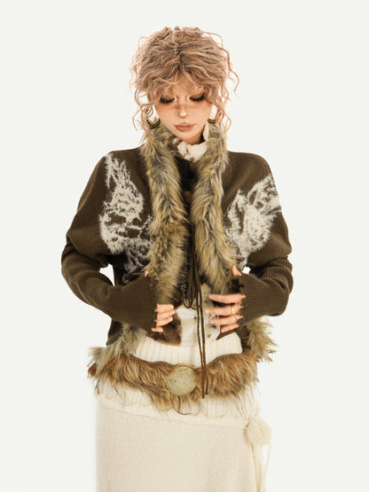 Original Design Batwing Sleeve Fake Fur Collar Knit Cardigan NA8622