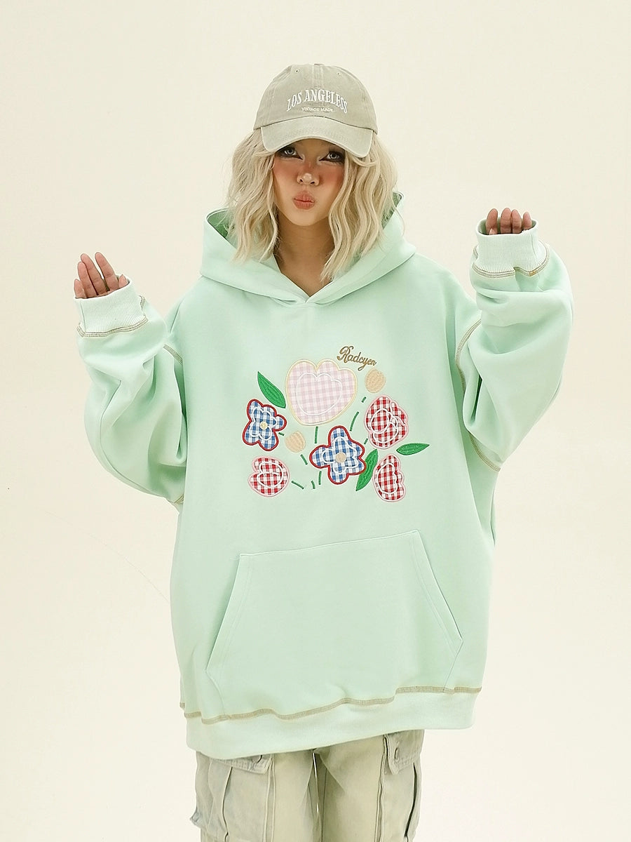 Plaid Floral Embroidery Oversize Hoodie NA6336