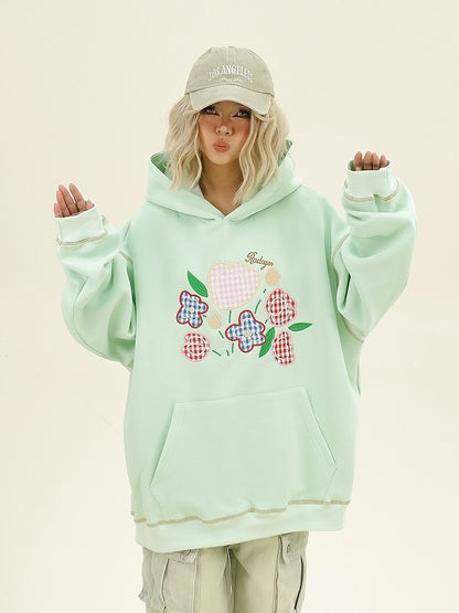 Plaid Floral Embroidery Oversize Hoodie NA6336