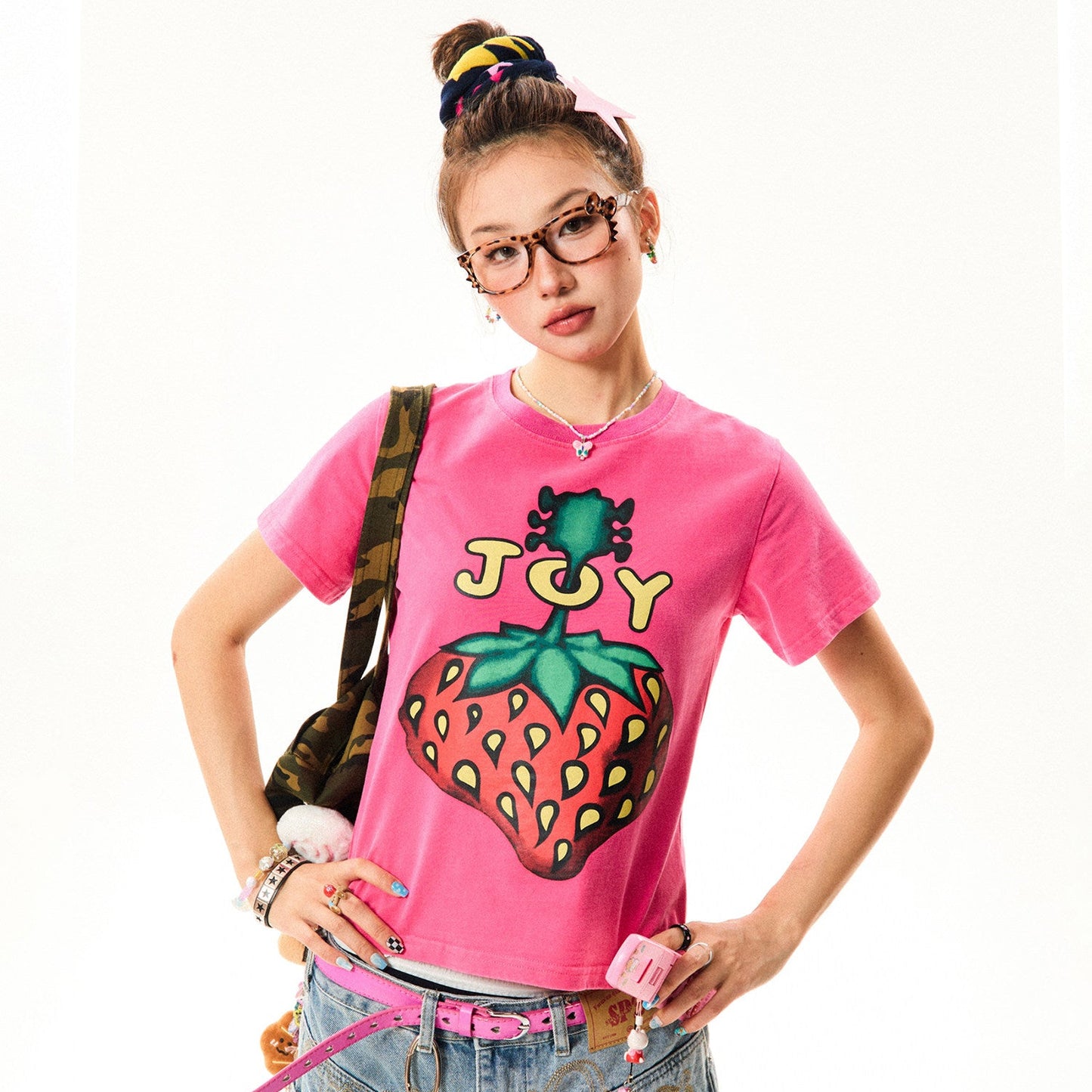 Strawberry Print Cropped Short Sleeve T-Shirt NA9326
