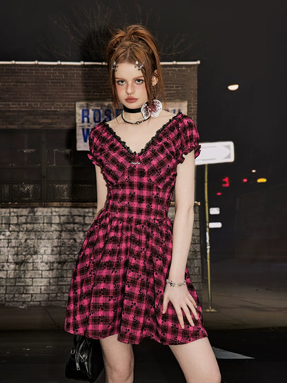 Large V-Neck French Plaid Dress NA3490