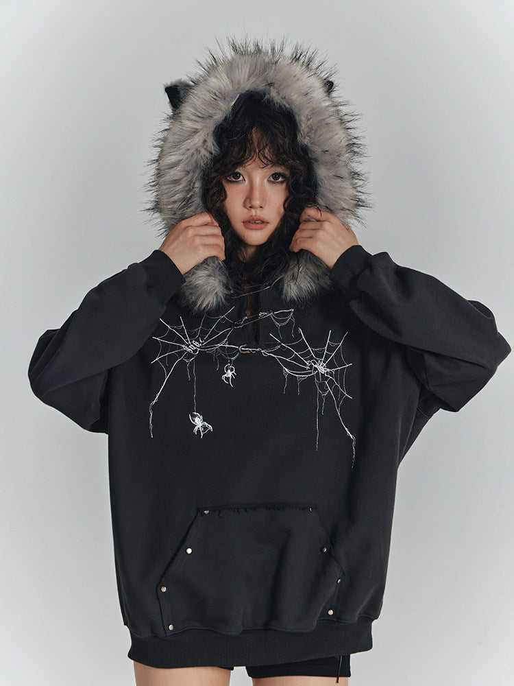 Spider Web Print Fur Collar Cat Ear Oversize Zipper Hoodie NA8912