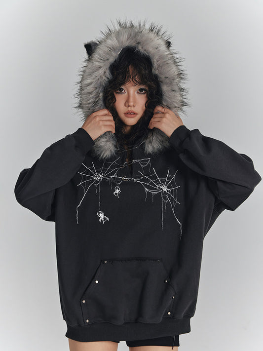 Spider Web Print Fur Collar Cat Ear Oversize Zipper Hoodie NA8912