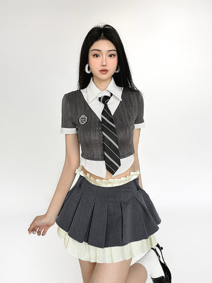 Fake Layered Short Sleeve Shirt & High Waist Pleated Skirt Setup NA4471