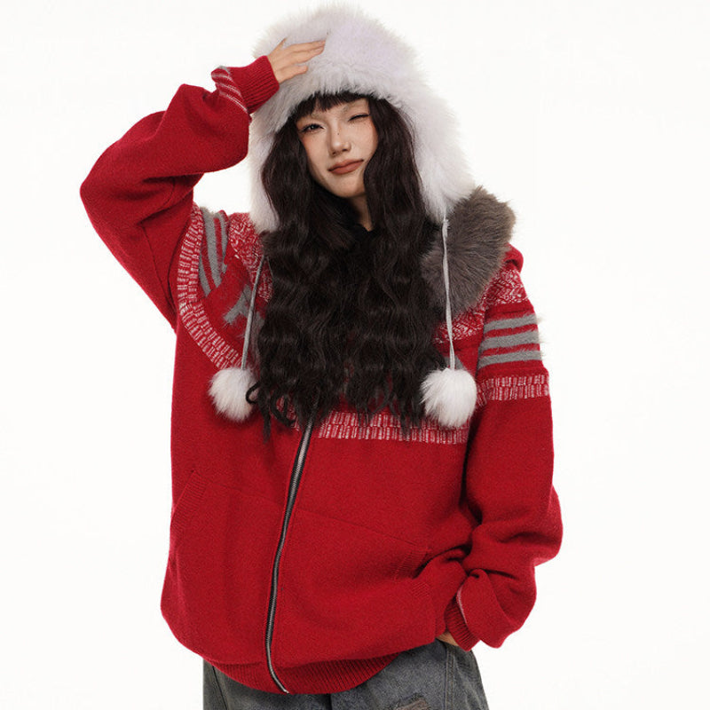 Fair Isle Hooded Detachable Fur Collar Knit Cardigan NA8870