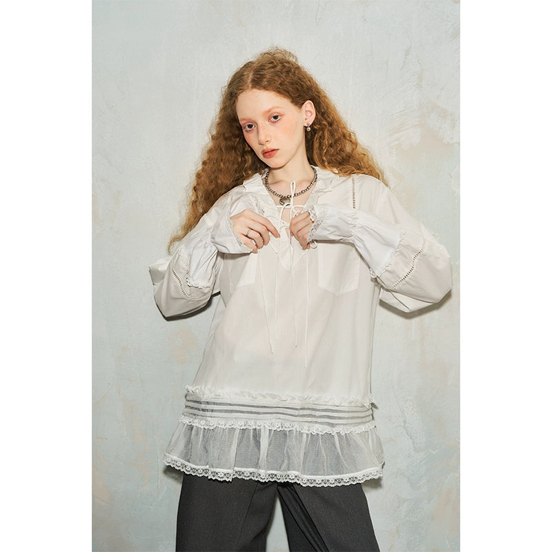 Ruffle V-neck Lace Patchwork Long Sleeve Shirt NA5397