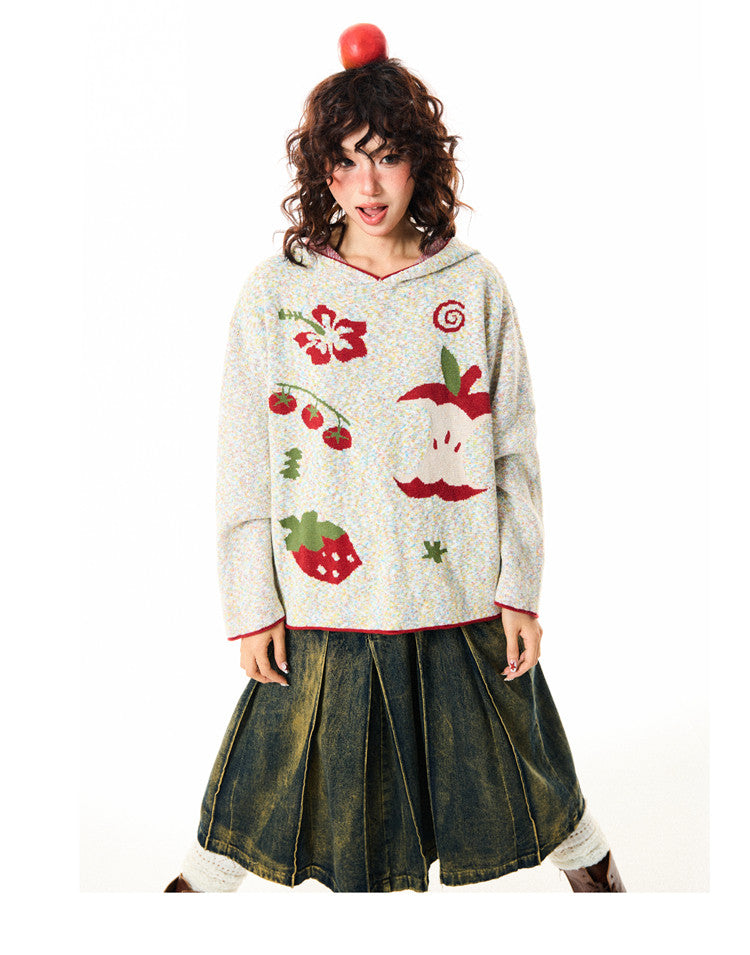 Fruit Pattern Knit Oversize Hoodie NA9351
