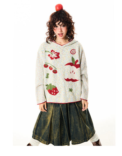 Fruit Pattern Knit Oversize Hoodie NA9351