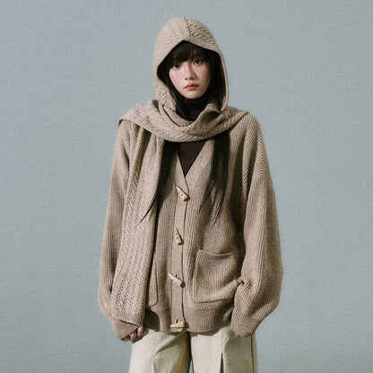 Hooded Horn Button Fleece Lining Knit Cardigan NA8782