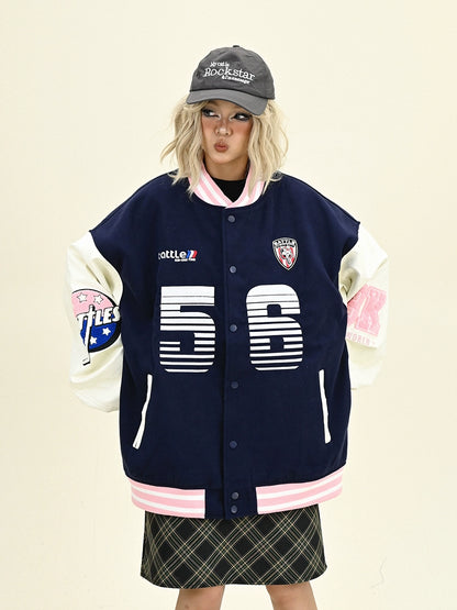 Contrast Color Number Print Oversize Baseball Jacket NA6310