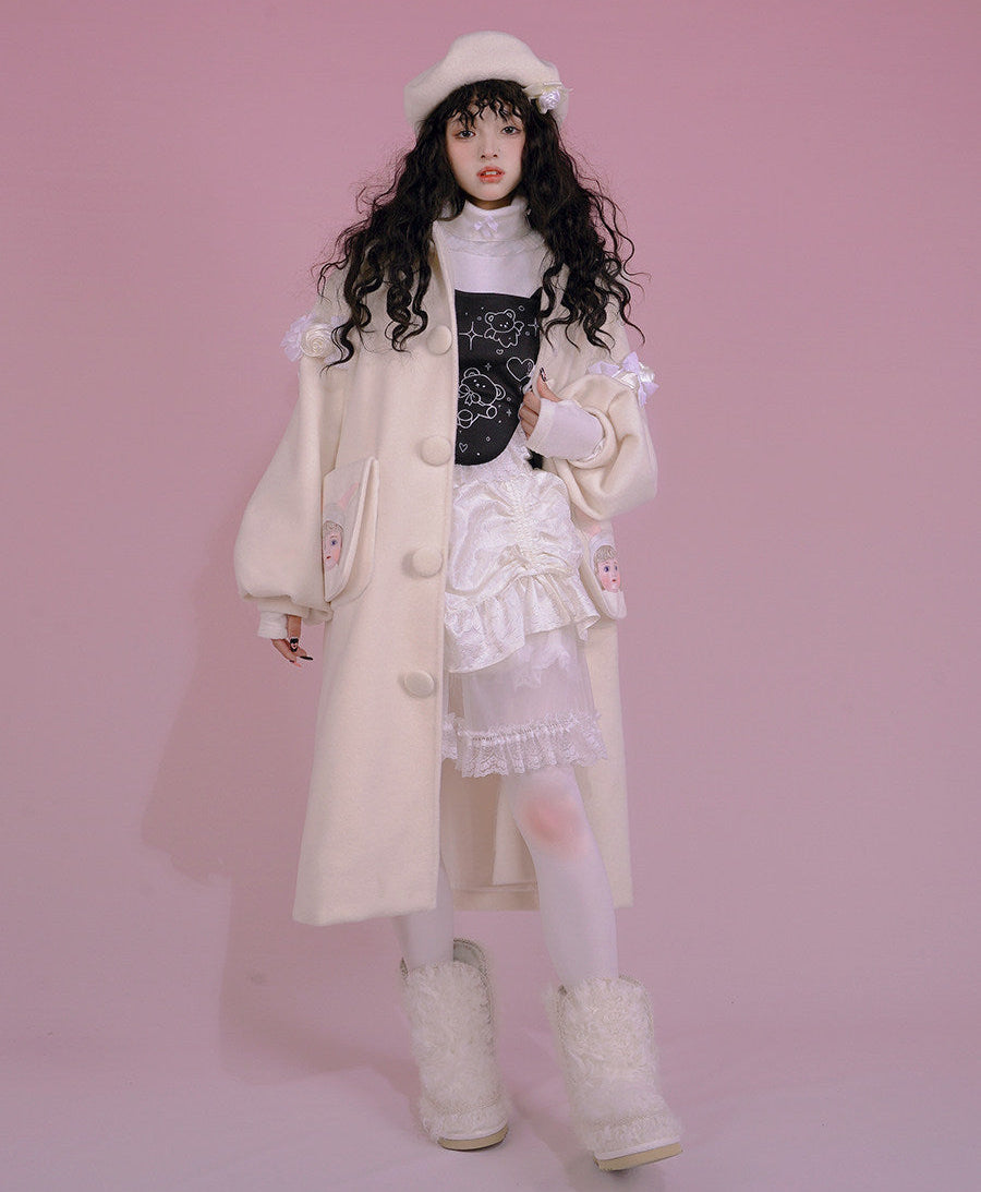 Puff Sleeve Doll Print Wool Coat NA8312