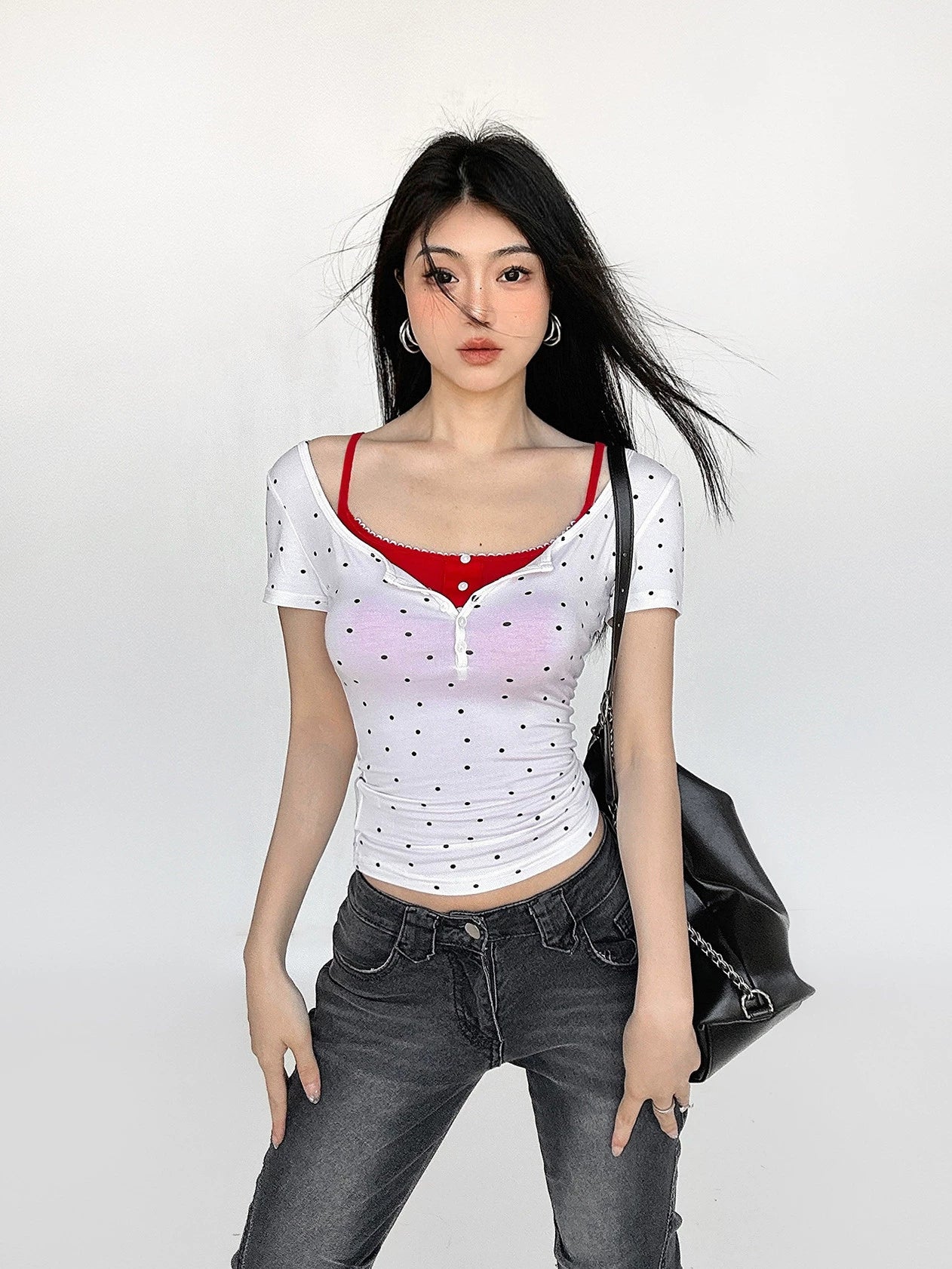 Polka Dot Button Fake Layered Short Sleeve T-shirt NA4552