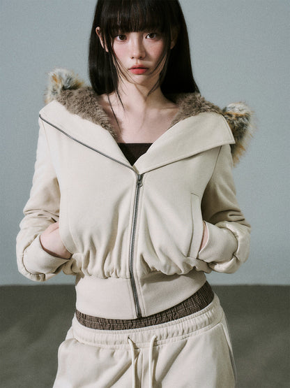 Fake Fur Hooded Zip-Up Jacket & Seatpants Setup NA8846