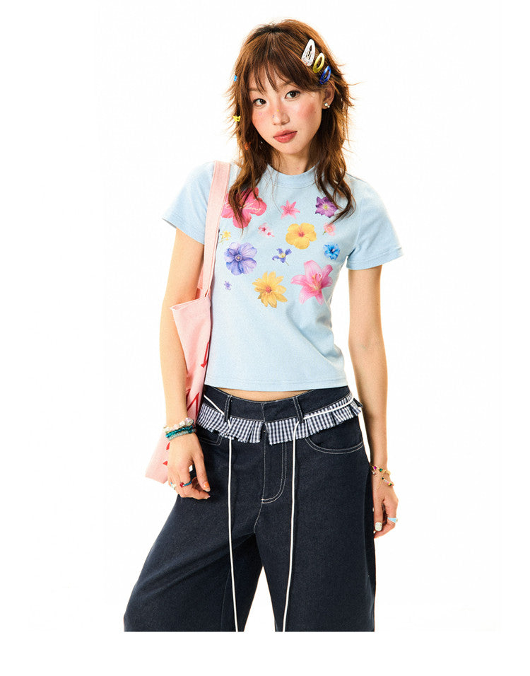 Flower Print Cropped Short Sleeve T-Shirt NA9327