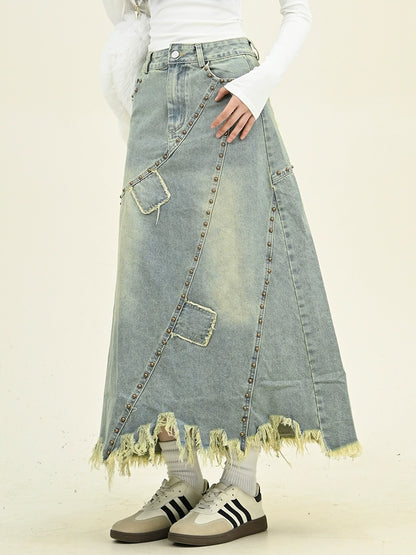 Frayed Fringe Distressed Denim Midi Skirt NA6482