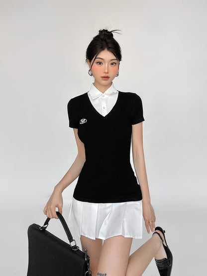 Fake Layered Polo Neck Button Dress NA4640