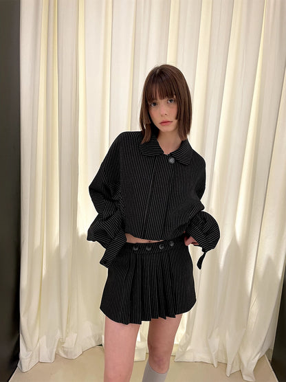 Stripe Polo Collar Jacket & Pleated Short Skirt Setup NA5986