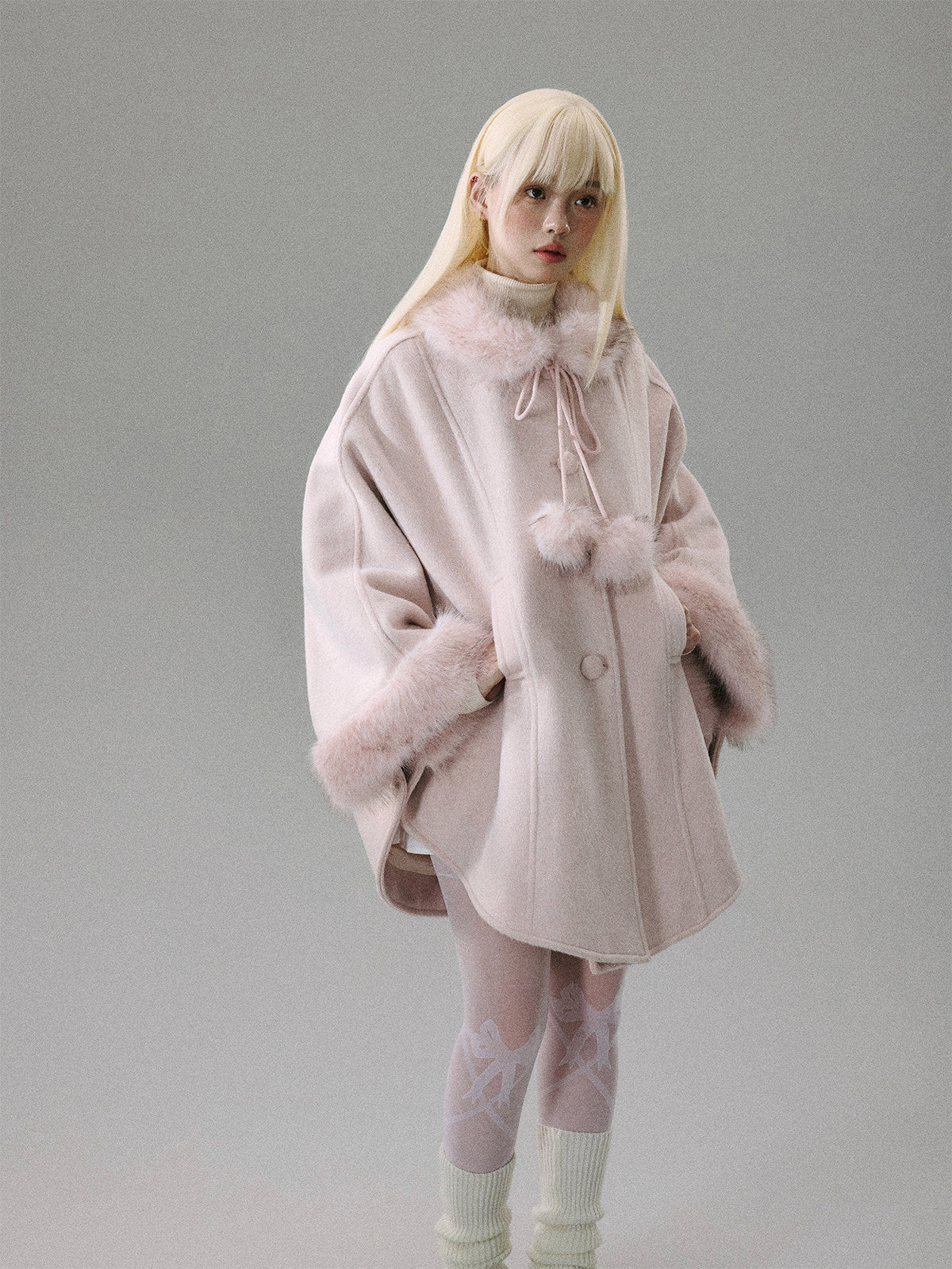 Sweet Girl Pink Long Hair Tweed Cape Coat NA8806