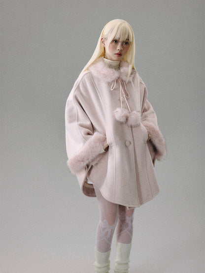 Sweet Girl Pink Long Hair Tweed Cape Coat NA8806