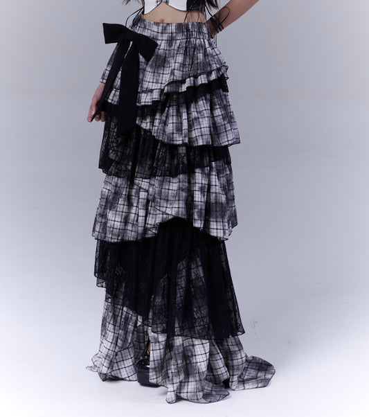Lace Plaid Tiered Asymmetric Skirt NA8533