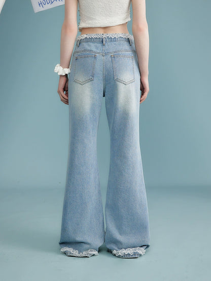 Pearl Lace Patchwork Wide-Leg Straight Denim Jeans NA3349