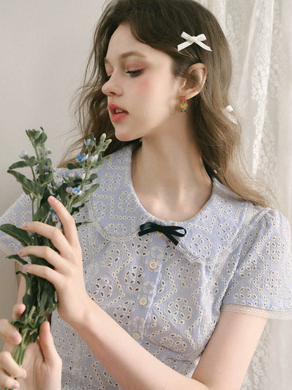 Embroidery Lace Short Sleeve Shirt & Short Skirt Setup NA5932