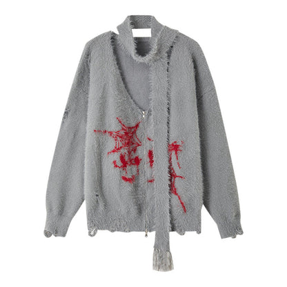 V-Neck Fake Mink Damage Zipper Knit Cardigan NA8876
