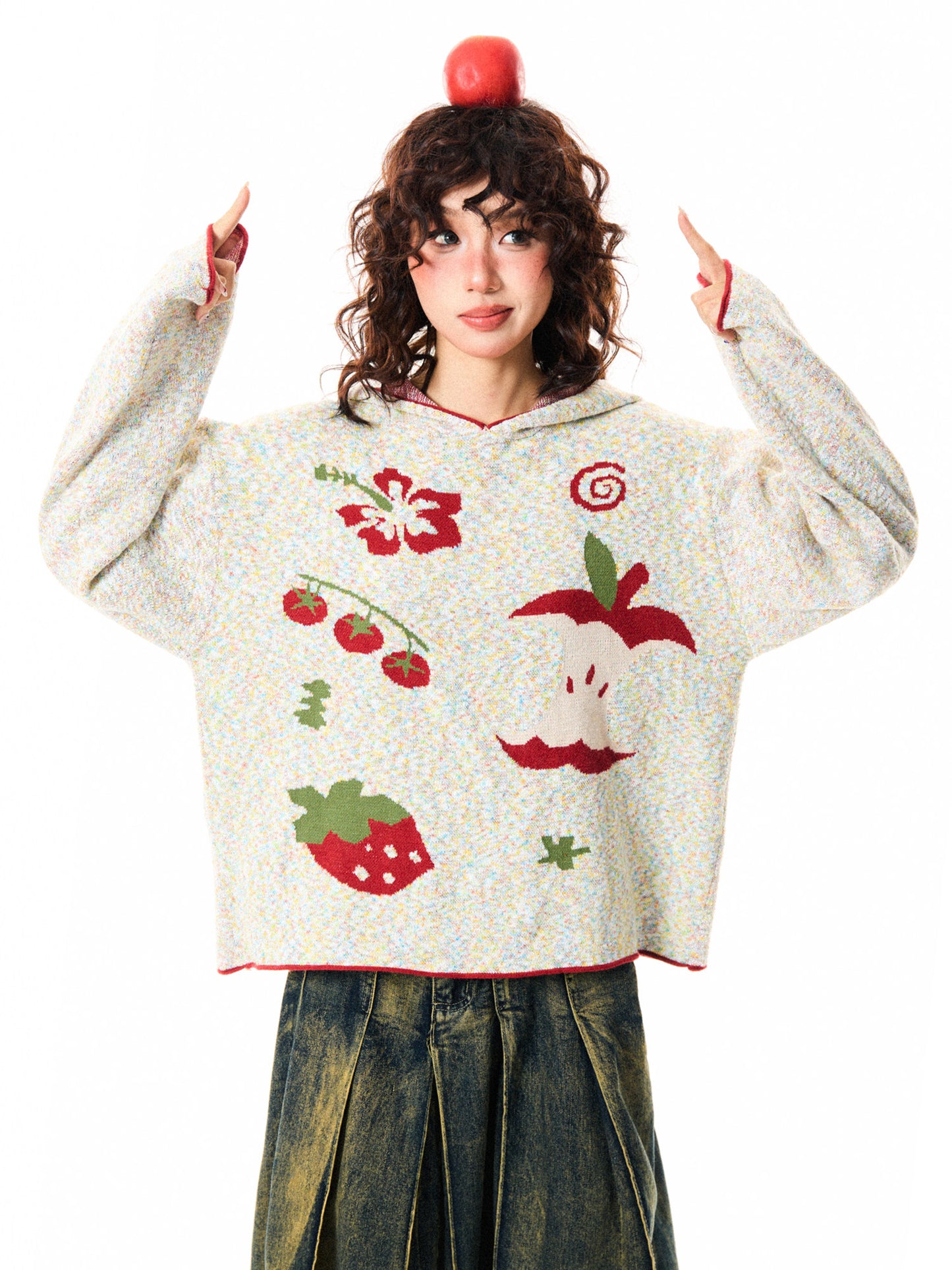 Fruit Pattern Knit Oversize Hoodie NA9351