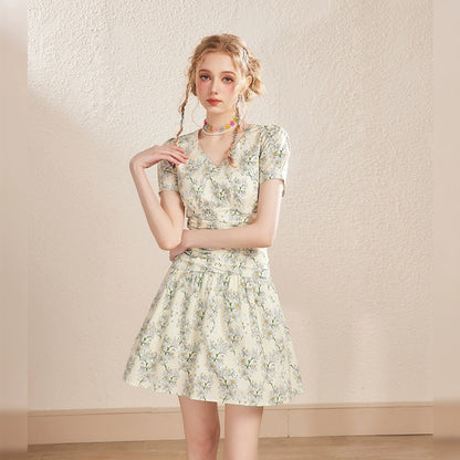 Bubble Sleeve Flower Print Slim Dress NA3468