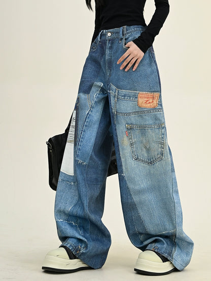 Wide-leg Patch Spliced Print Denim Jeans NA6279