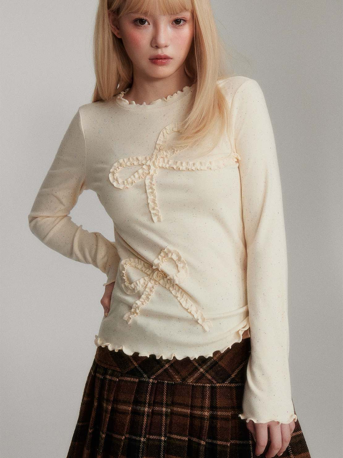 Dot Pattern Bow Lyocell Thermal Long Sleeve T-Shirt NA8781