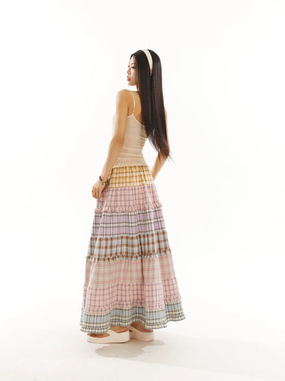 Patchwork Plaid Long Skirt NA3913