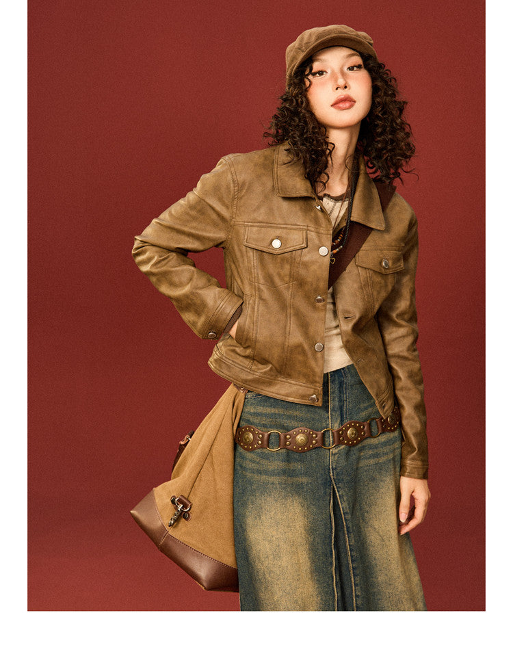 PU Leather Standing-Collar Short Jacket NA9334