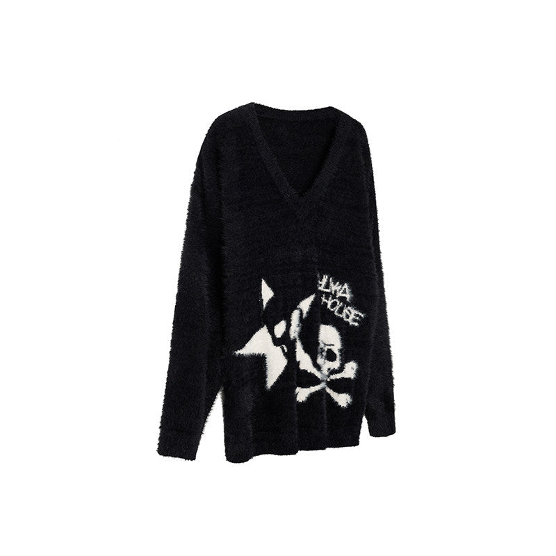 Mohair Skull Pattern Oversize V-Neck Knit Cardigan & Striped Scarf NA8905