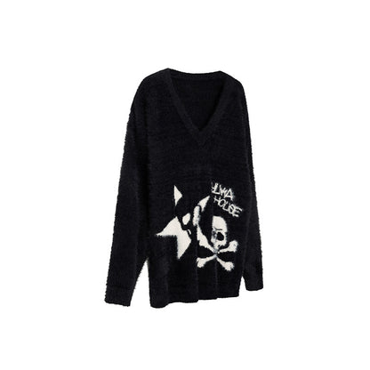 Mohair Skull Pattern Oversize V-Neck Knit Cardigan & Striped Scarf NA8905