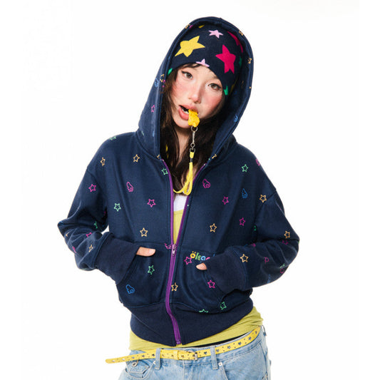 Star Print Fleece Zipper Hoodie NA9306