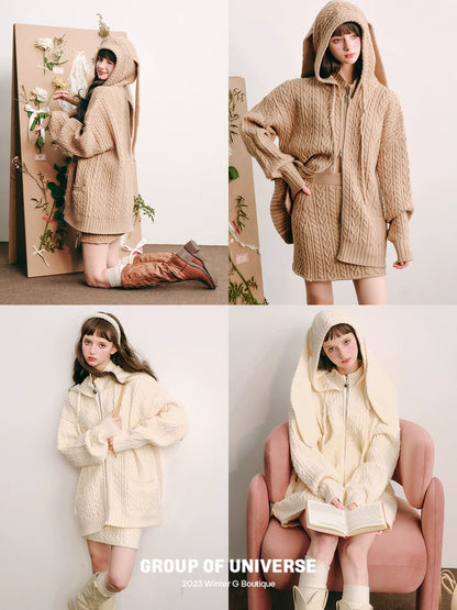 Bunny Hare Ear Hooded Zipper Knit Cardigan & Knit Skirt Setup NA5886