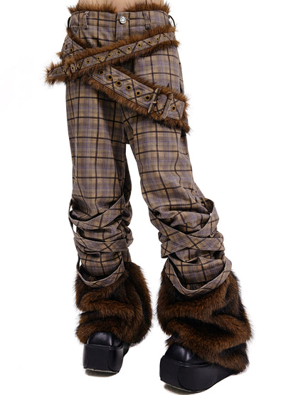 Plaid Fake Fur Patchwork Pants NA6688