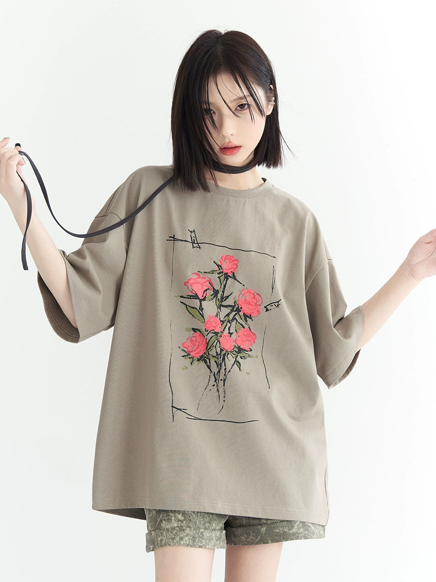 Rose Print Oversize Short Sleeve T-Shirt NA2741