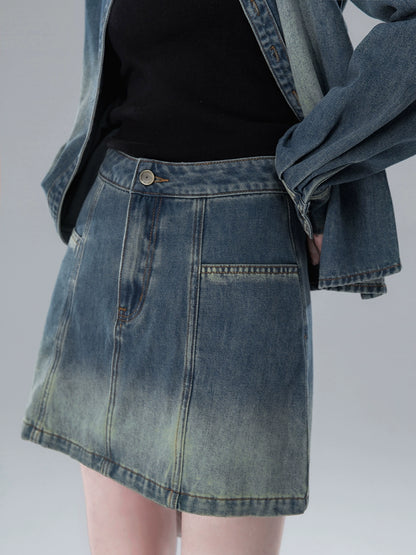 Gradient Contrast Edge Denim Shirt & Short Denim Skirt NA5576