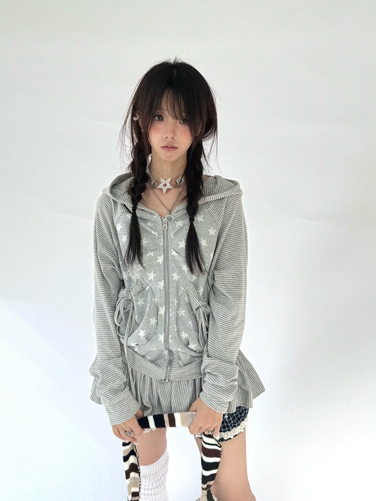 Striped Patchwork Hooded Drawstring Ruffle Jacket & Skirt Setup NA9266