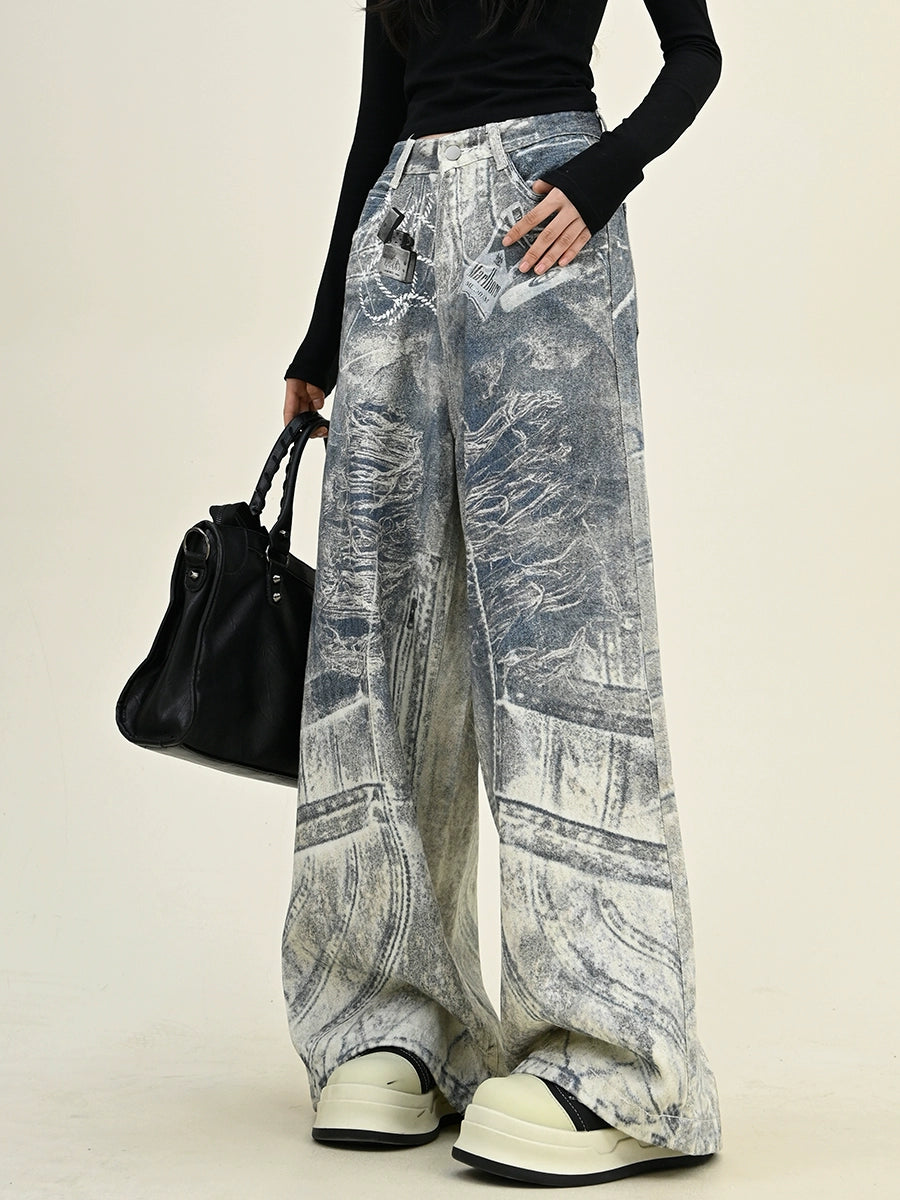 Oversize Keychain Print Wide-Leg Denim Jeans NA6292