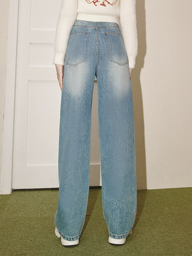 Flower Rivets With Holes Straight Denim Jeans NA3493