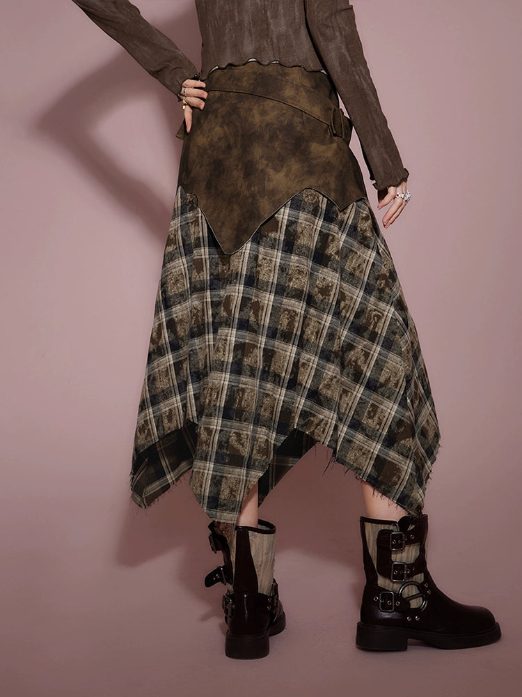 Plaid Asymmetric Hem Long Skirt NA6845