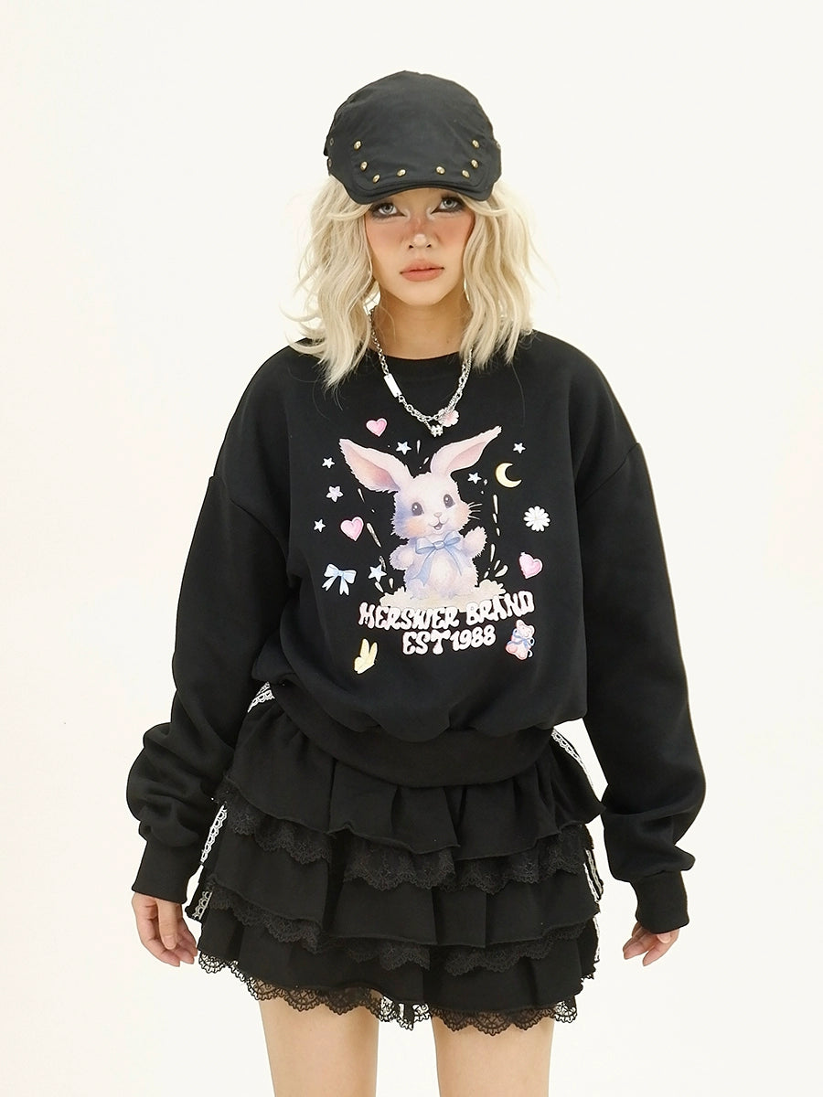 Cartoon Rabbit Print Round Neck Oversize Sweatshirt NA6337