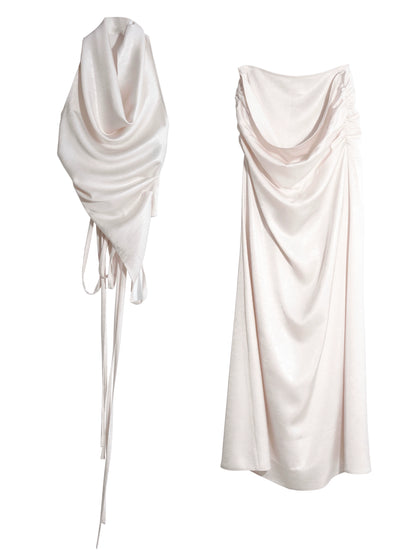 Pearl White Pleated Hanging Neck Camisole & Long Skirt Setup NA5225