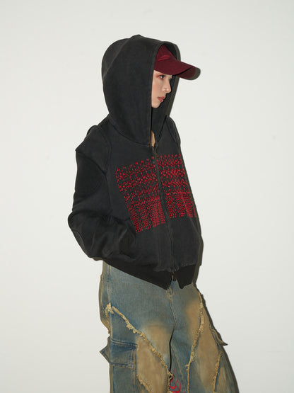 Embroidery Wash Damage Oversize Zipper Hoodie NA9070