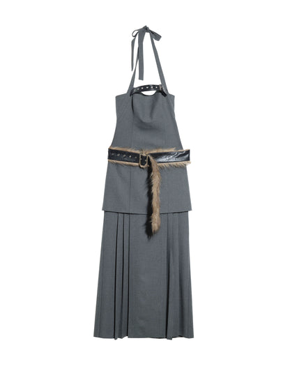 Hairy Belt  Low Waist Halter Strap Neck Dress NA5192