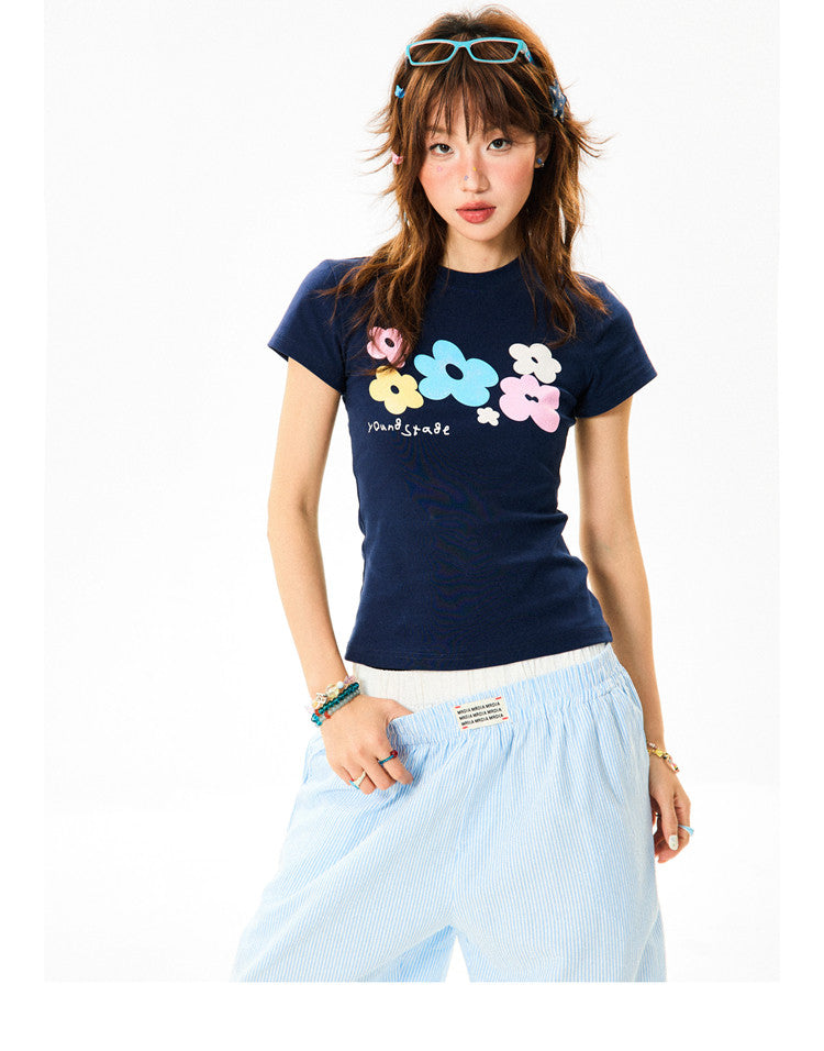 Flower Print Cropped Short Sleeve T-Shirt NA9318