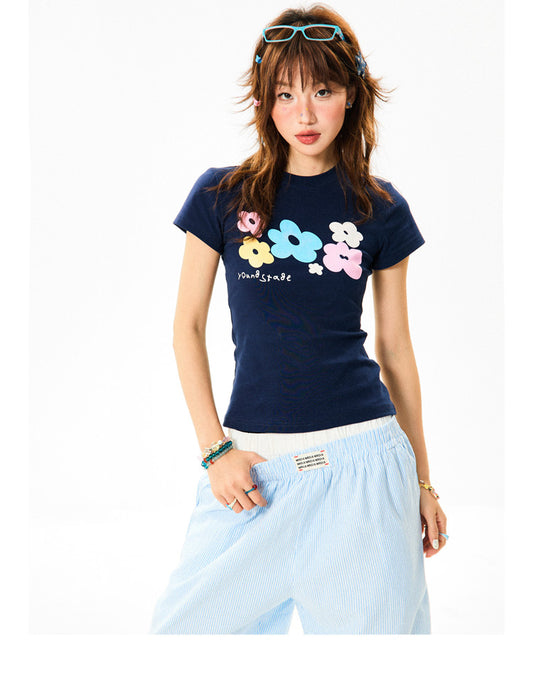 Flower Print Cropped Short Sleeve T-Shirt NA9318